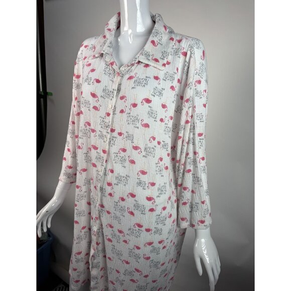 Flamingo Print Button-Up Nightshirt By I. Appel XL Polyester/Spandex Blend Made - Picture 11 of 16